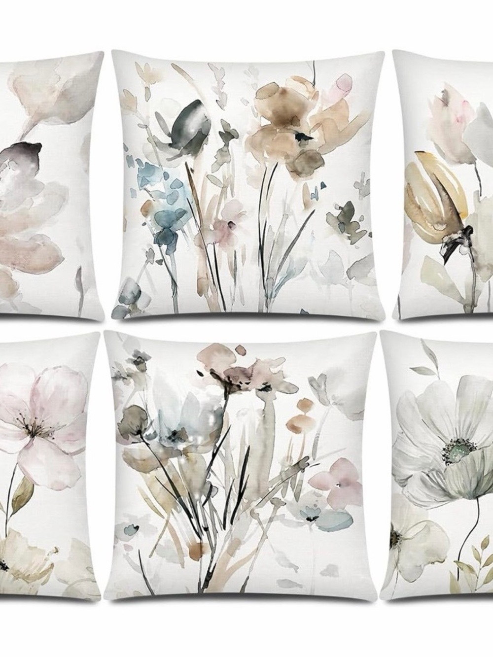 Watercolor Floral Throw Pillow Covers - Soft Neutrals Set of 6